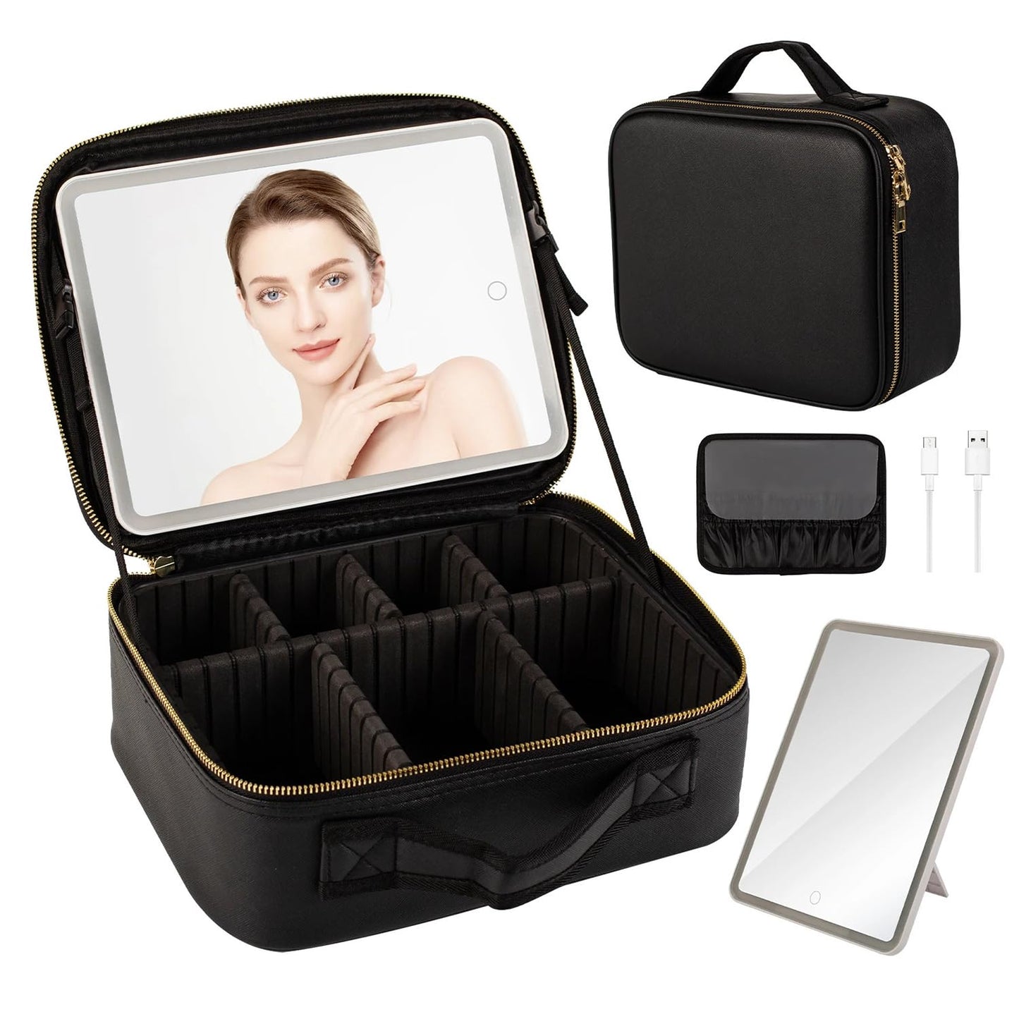 Make-up bag  mit beleuchtetem Spiegel, Aufbewahrungset und verstellbaren Trennwänden (Schwarz)